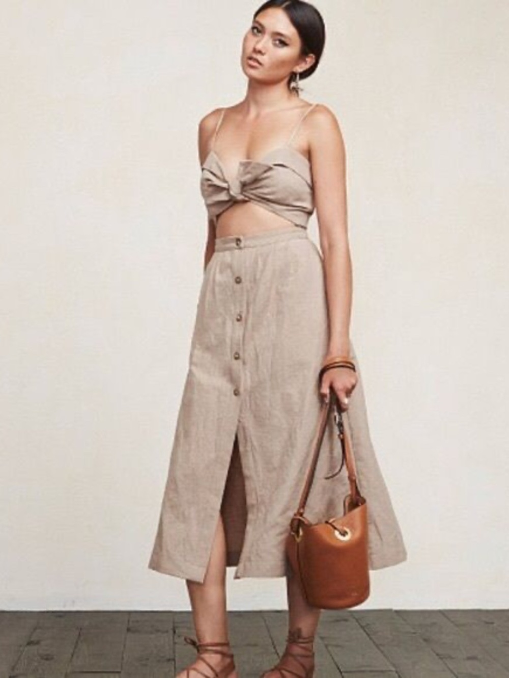 Reformation | Beige Linen Tie Front Midi Dress